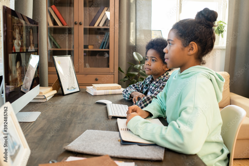 Poster diligent schoolkids sitting in front of computer monitor during online lesson
