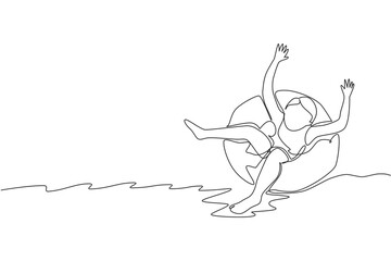 One continuous line drawing happy boy playing and swimming use floating ring in sport center. Summer holidays and vacation concept. Dynamic single line draw graphic design vector graphic illustration