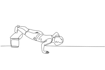 One continuous line drawing young sporty woman working out push up with one hand in fitness gym club center. Healthy fitness sport concept. Dynamic single line draw design graphic vector illustration