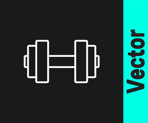 White line Dumbbell icon isolated on black background. Muscle lifting icon, fitness barbell, gym, sports equipment, exercise bumbbell. Vector.