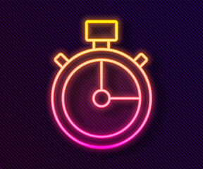 Glowing neon line Stopwatch icon isolated on black background. Time timer sign. Chronometer sign. Vector.