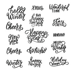 Happy New Year 2021. Hello winter. Stay cozy. Hohoho. Cheers. Christmas and New Year hand lettering holiday quote. Modern calligraphy. Greeting cards design elements phrases set