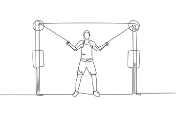 One single line drawing of young energetic man exercise with cross over cable in gym fitness center vector illustration graphic. Healthy lifestyle sport concept. Modern continuous line draw design