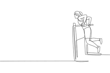 One single line drawing of young energetic woman exercise with parallel bar in gym fitness center graphic vector illustration. Healthy lifestyle sport concept. Modern continuous line draw design