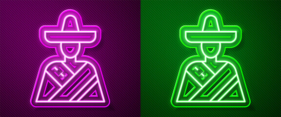 Glowing neon line Mexican man wearing sombrero icon isolated on purple and green background. Hispanic man with a mustache. Vector.