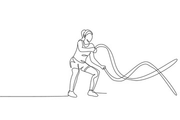 One single line drawing of young energetic woman exercise with battle rope in gym fitness center vector illustration graphic. Healthy lifestyle sport concept. Modern continuous line draw design