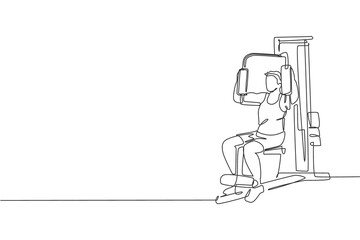 One continuous line drawing young sporty man working out with ab crunch machine in fitness gym club center. Healthy fitness sport concept. Dynamic single line draw design vector graphic illustration