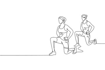 Single continuous line drawing two of young sportive women training and stretching together in sport gymnasium club center. Fitness stretching concept. Trendy one line draw design vector illustration