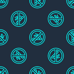 Green line No Smoking icon isolated seamless pattern on blue background. Cigarette symbol. Vector.