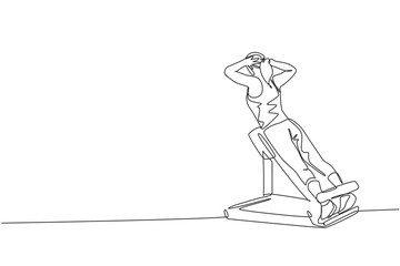One continuous line drawing of young sporty woman working out with bench press in fitness gym club center. Healthy fitness sport concept. Dynamic single line draw design graphic vector illustration