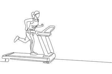 One continuous line drawing of young sporty woman working out speed running on treadmill in fitness gym club center. Healthy fitness sport concept. Dynamic single line draw design vector illustration
