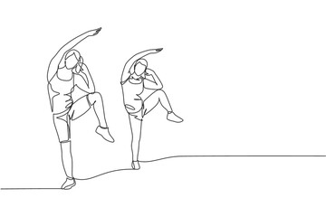 One continuous line drawing of two young sporty women working out fun aerobics together in fitness gym club center. Healthy fitness sport concept. Dynamic single line draw design vector illustration