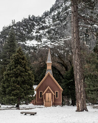 Chapel in winter surrounded with snow in Yosemite National park
