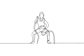 Single continuous line drawing of young sportive woman training with battle rope in sport gymnasium club center, front view. Fitness stretching concept. Trendy one line draw design vector illustration
