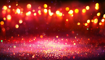 Abstract Christmas Background - Red Glitter With Defocused Lights In The Darkness