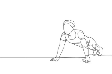 Fototapeta na wymiar One continuous line drawing of young sporty man working out push up in fitness gym club center. Healthy fitness sport concept. Dynamic single line draw design vector graphic illustration