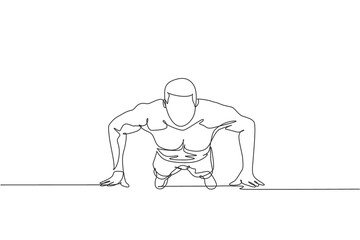 Single continuous line drawing of young sportive man training push up in sport gymnasium club center, front view. Fitness stretching concept. Trendy one line draw graphic design vector illustration