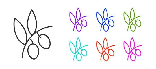 Black line Olives branch icon isolated on white background. Set icons colorful. Vector.