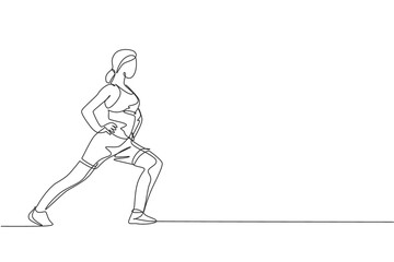 One continuous line drawing of young sporty woman working out stretching and warming up in fitness gym club center. Healthy fitness sport concept. Dynamic single line draw design vector illustration