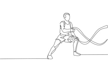 One single line drawing of young energetic man exercise on battle rope to train endurance in gym fitness center vector illustration. Healthy lifestyle sport concept. Modern continuous line draw design