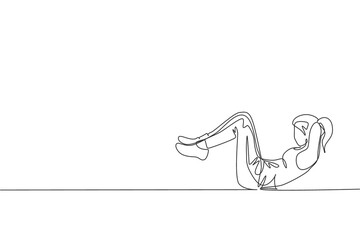 Single continuous line drawing of young sportive woman training lying and sit up in sport gymnasium club center. Fitness stretching concept. Trendy one line draw design vector graphic illustration