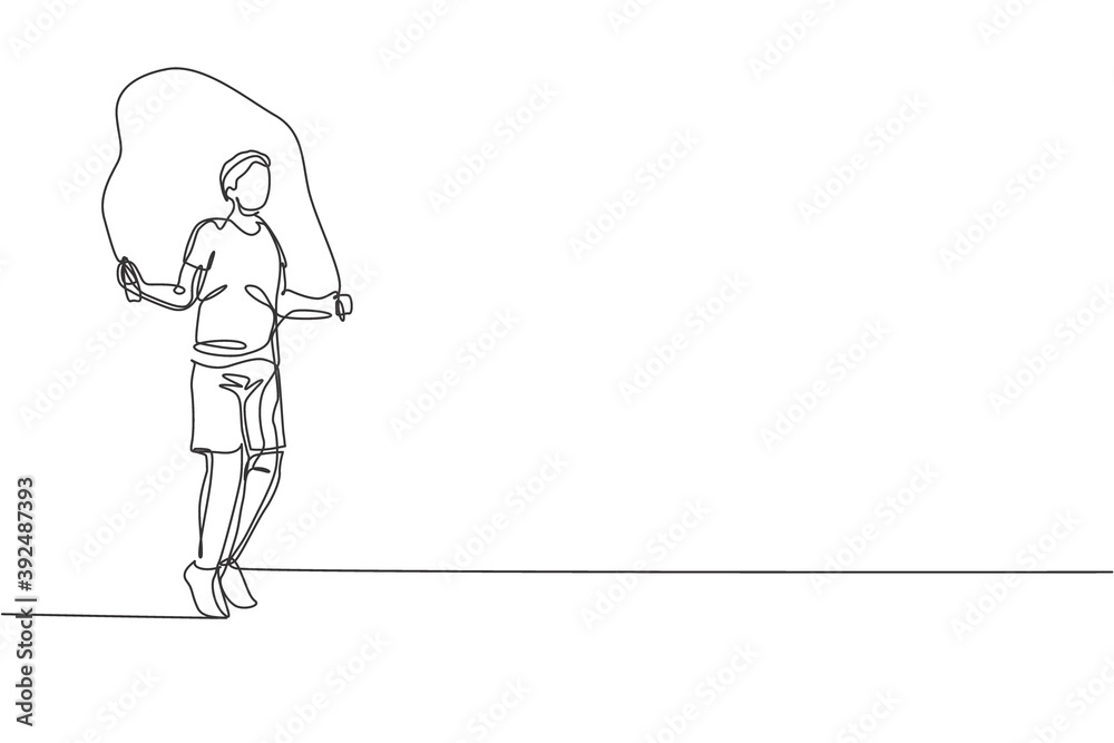 Poster Single continuous line drawing of young happy man exercise jumping with skipping rope in sport center gym club. Sport training fitness concept. Trendy one line draw design graphic vector illustration