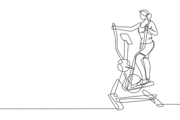One single line drawing of young energetic woman working out with elliptical cross in gym vector illustration. Fitness sport bodybuilding healthy lifestyle concept. Modern continuous line draw design