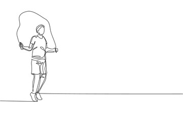 Single continuous line drawing of young happy man exercise jumping with skipping rope in sport center gym club. Sport training fitness concept. Trendy one line draw design graphic vector illustration