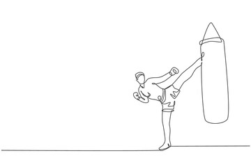 Obraz premium Single continuous line drawing of young sportive man kickboxer exercise kicking punch bag in sport hall. Fight competition kickboxing sport concept. Trendy one line draw design vector illustration