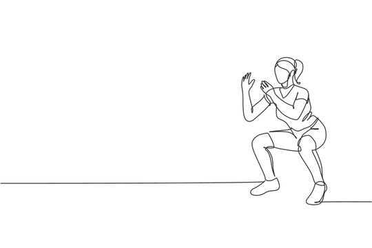 Single continuous line drawing of young happy woman exercising doing squat movement in sport center gym club. Sport training fitness concept. Trendy one line draw design graphic vector illustration