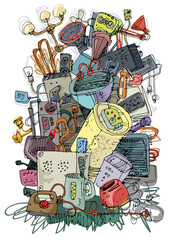 Obraz premium A big pile of electronic trash. Old and obsolete component and hardware pollute environment. Handmade sketch. Caricature.