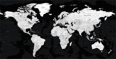 World Map - Dark Black Grayscale Political - Vector Detailed Illustration