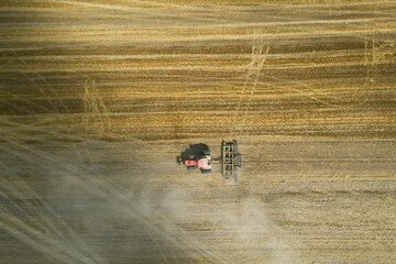 Top view of the combine harvester in the field
