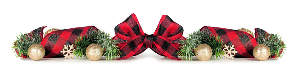 Christmas border of gold ornaments, branches and red and white checked buffalo plaid ribbon...