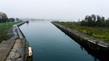 Sault Ste. Marie Canal National Historic Site in Ontarion on a foggy morning