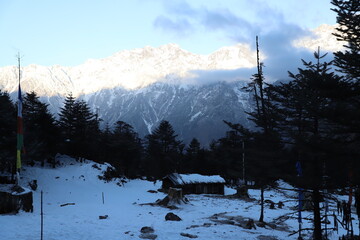 A early winter blue morning at a snowy mountain and a hut in Katao, Sikkim India 