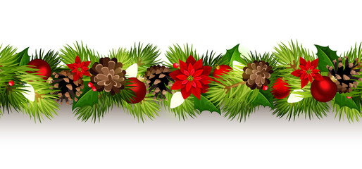 Vector Christmas horizontal seamless border with red balls, poinsettia flowers, green fir branches, lights and cones.
