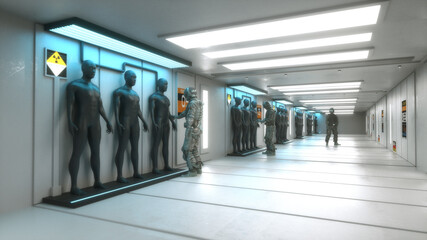 3d render. Futuristic scene and humanoid figure