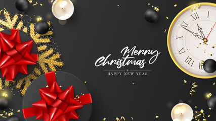 Merry Christmas and Happy New Year banner. Holiday background with round gift boxes, Christmas balls, wall clock, golden serpentine, snowflake and confetti on black background. Vector illustration.