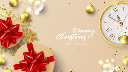 Fototapeta na wymiar Merry Christmas and Happy New Year banner. Holiday background with round gift boxes, Christmas balls, wall clock, golden serpentine, snowflake and confetti. Vector illustration.