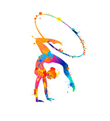 Fototapeta na wymiar Rhythmic gymnastics girl with hoop. Dancer silhouette