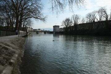 Fototapeta na wymiar The Meuse river at Verdun in the east of France.