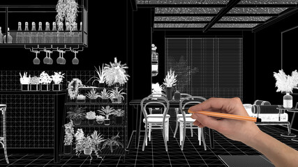 Hand drawing project CAD draft, black background, white ink interior design, living room and dining with bamboo ceiling. Sofa, plants, dining table, chairs. Architect concept idea