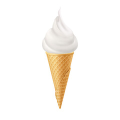 Delicious Vanilla Ice Cream in Waffle Cone. Street Fast Food, Sweet Milky Dessert Creative illustration Isolated on White Background