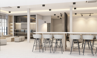 Work and rest areas With bookcase And conference table in white tone office and wooden floor 3d rendering