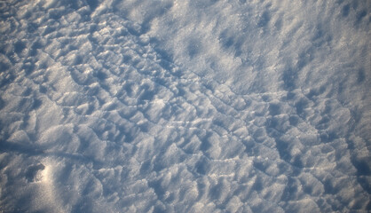 Texture, snow cover, surface, with traces of a blizzard, shallow depth of field