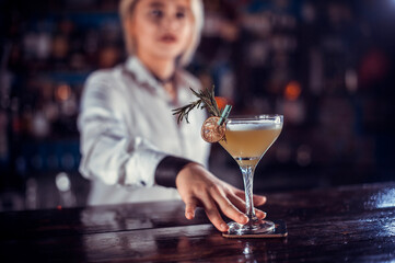 Charming girl barman adds ingredients to a cocktail  