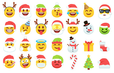 Christmas emoji. Santa Claus emoticon in xmas hat, snowman and funny yellow faces with deer antler headband. Gift box, christmas tree and candy vector icons set