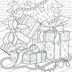 Gifts under the Christmas tree. Christmas.Coloring book antistress for children and adults. Illustration isolated on white background.Zen-tangle style.