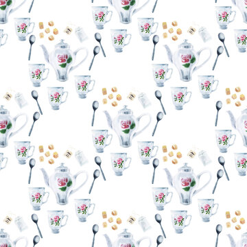 Watercolor seamless patterns on the theme of tea drinking with colorful teapots, mugs, tea bags, teaspoons
